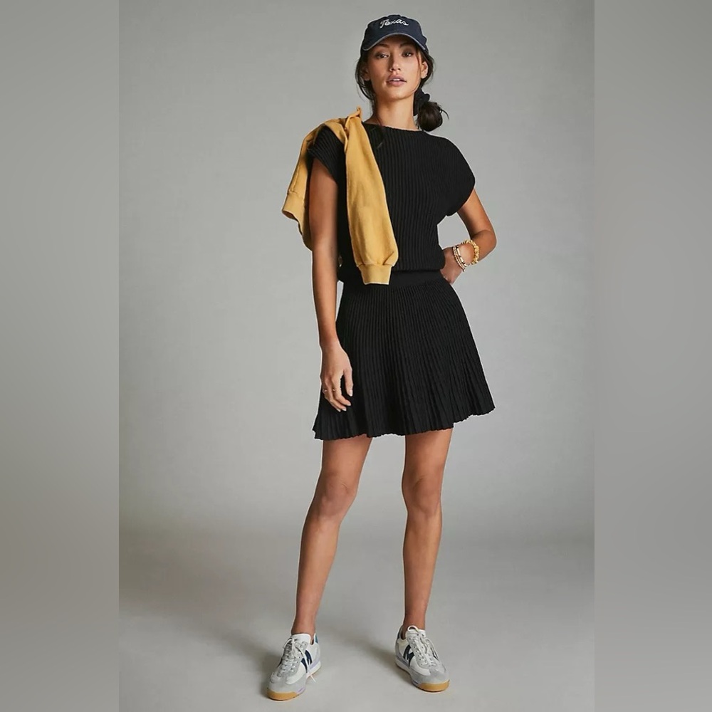 ANTHROPOLOGIE MAEVE Black Pleated RUTH Sweater Knit Babydoll Dress Sz XS